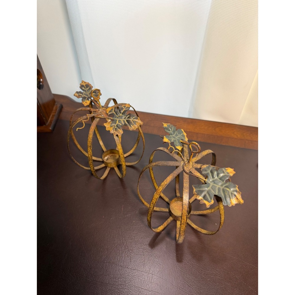 Rustic Metal Pumpkin Tea Light Candle Holder Set Fall Autumn Decor 2pc